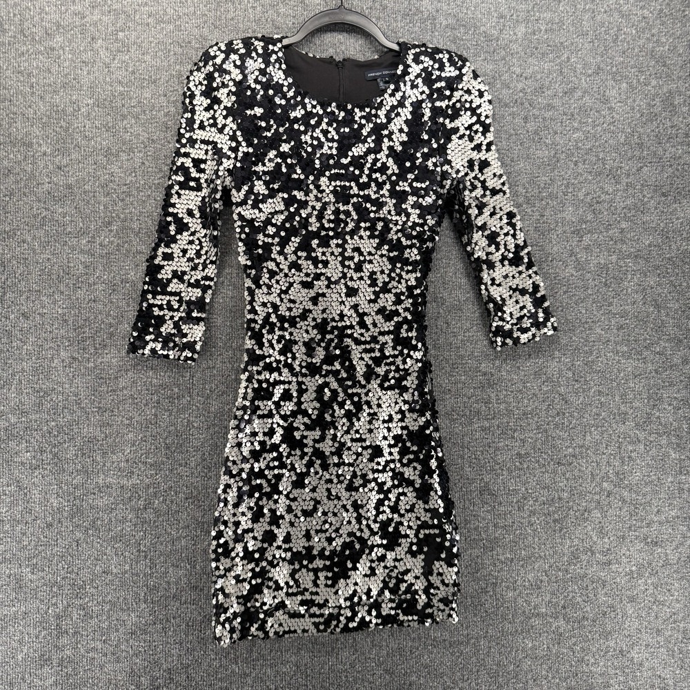 French Connection Dress Womens 0 Black Gray Sequins Bodycon Mini Party Cocktail